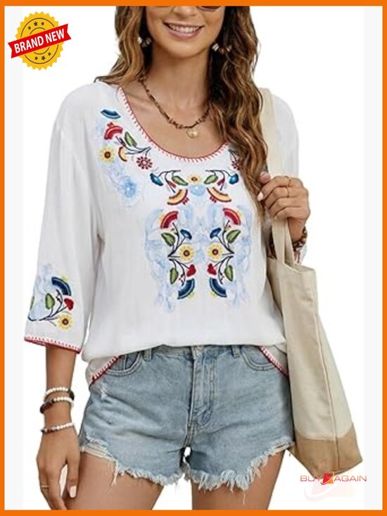 Tops - Women's Embroidered Cotton Peasant Top 3/4 Sleeve Loose Fit Bohemian Tunic